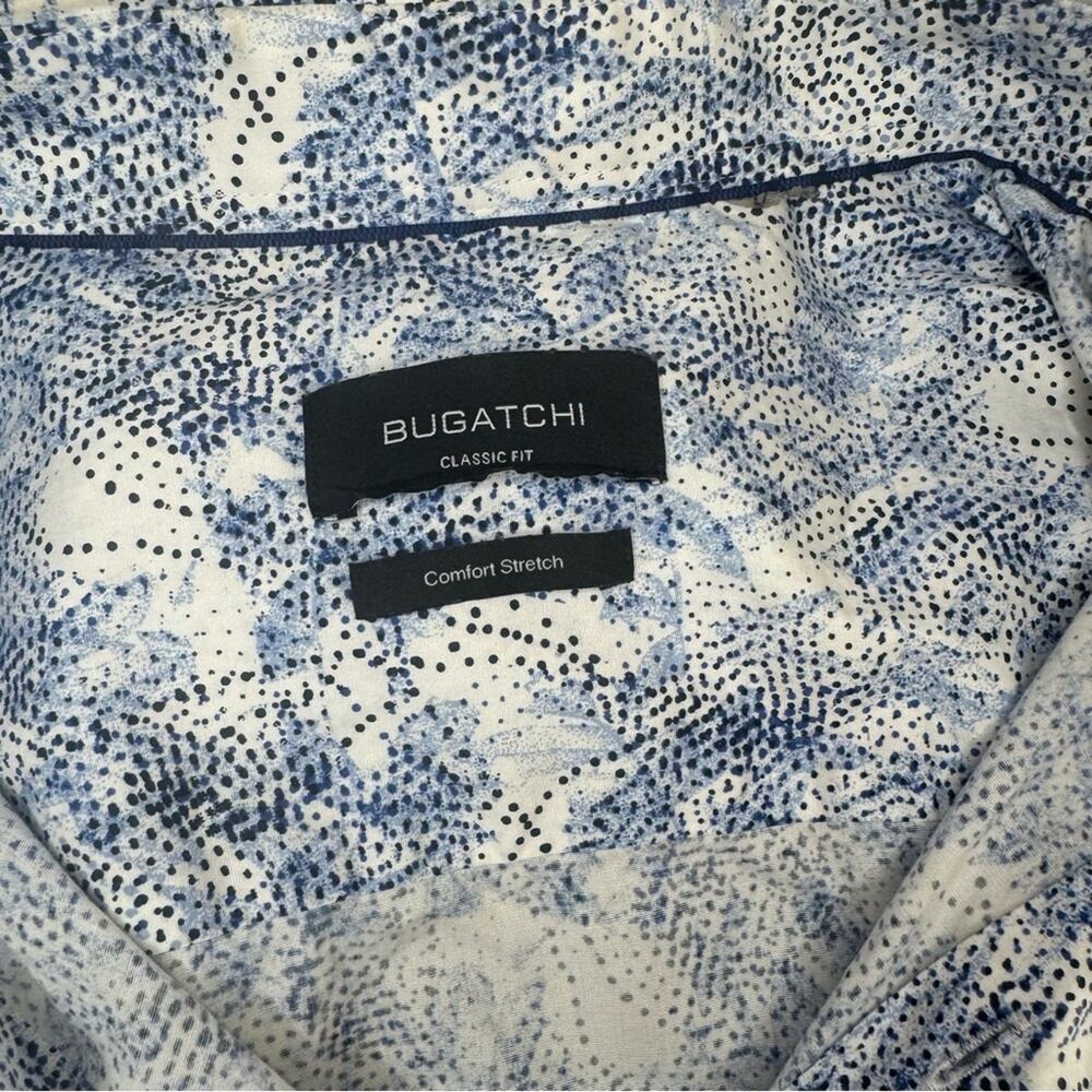 Bugatchi Mens Classic Fit Comfort Stretch Blue and White Abstract Shirt Size XXL - Picture 6 of 9